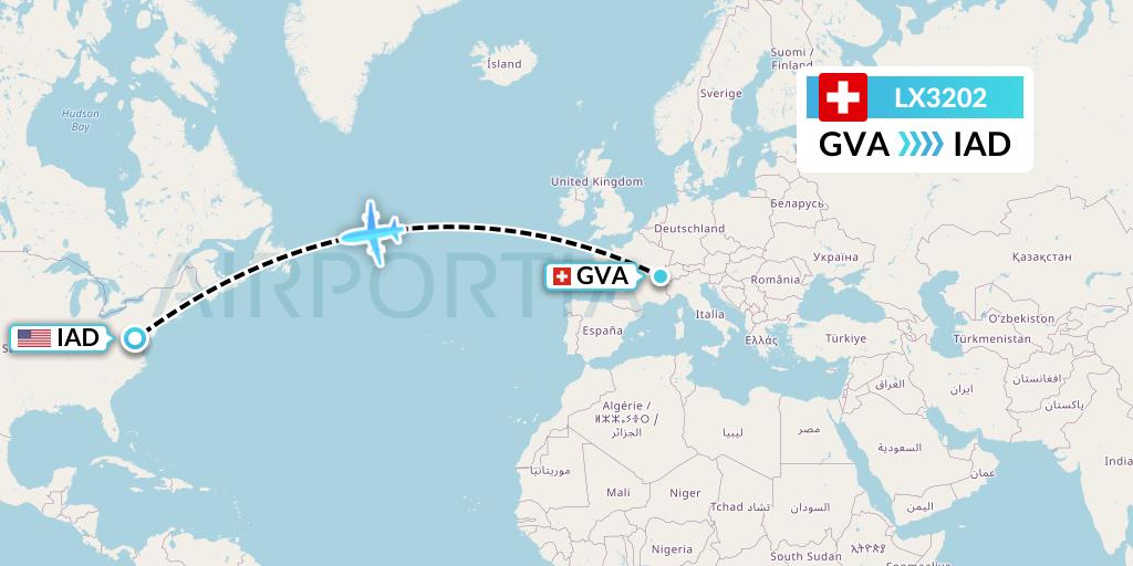 LX3202 Swiss Flight Map: Geneva to Washington
