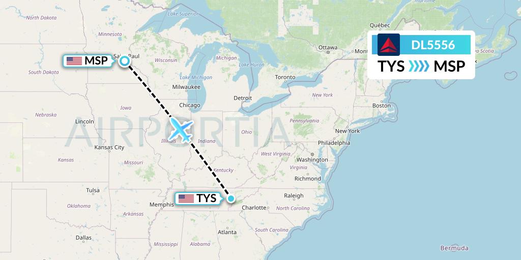 DL5556 Delta Air Lines Flight Map: Knoxville to Minneapolis