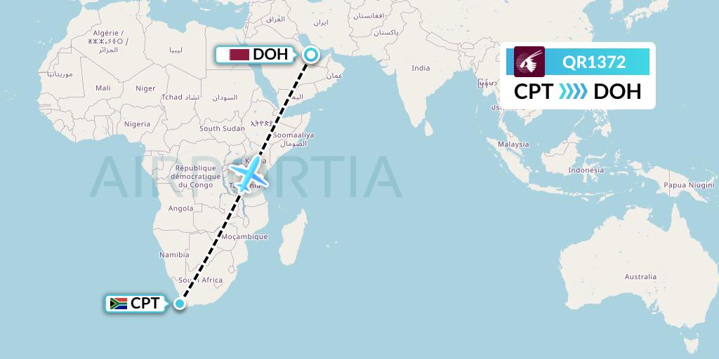 QR1372 Qatar Airways Flight Map: Cape Town to Doha