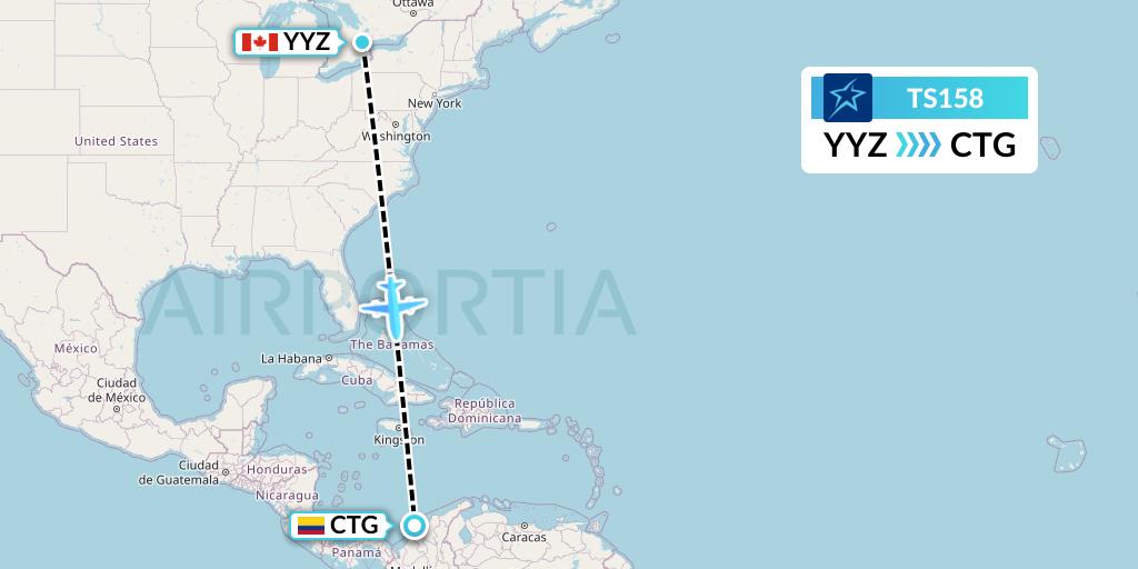 TS158 Air Transat Flight Map: Toronto to Cartagena
