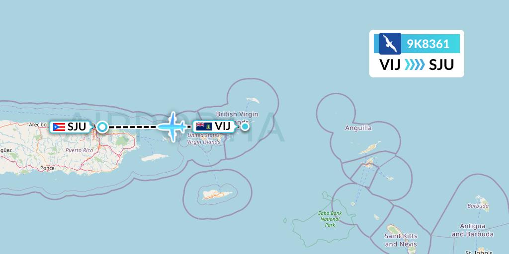9K8361 Cape Air Flight Map: Virgin Gorda to San Juan