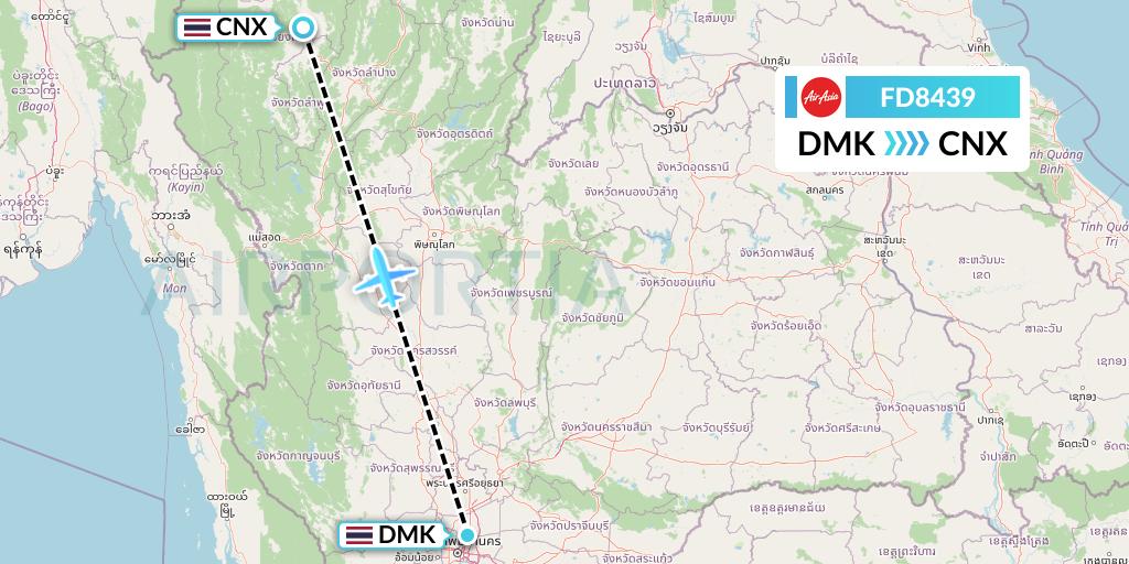 FD8439 Thai AirAsia Flight Map: Bangkok to Chiang Mai