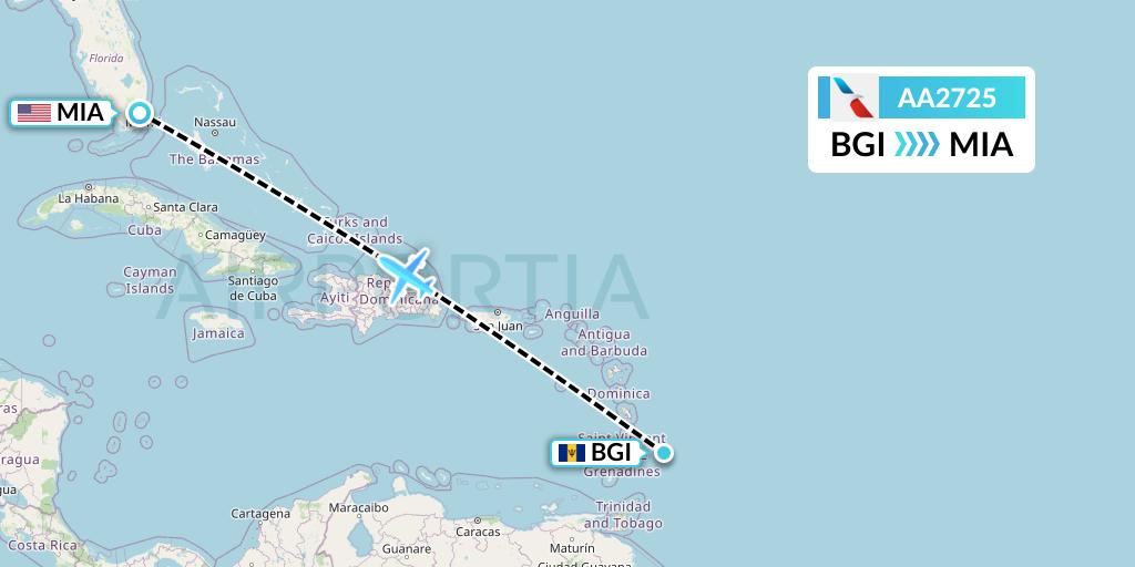 AA2725 American Airlines Flight Map: Bridgetown to Miami