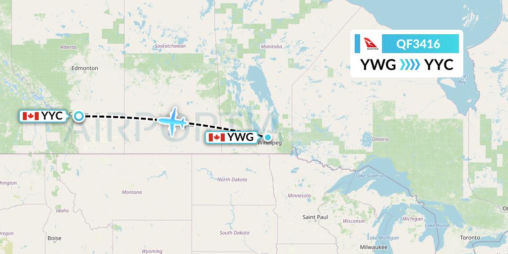 QF3416 Qantas Flight Map: Winnipeg to Calgary
