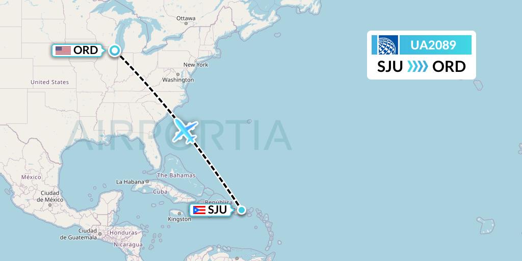 UA2089 United Airlines Flight Map: San Juan to Chicago