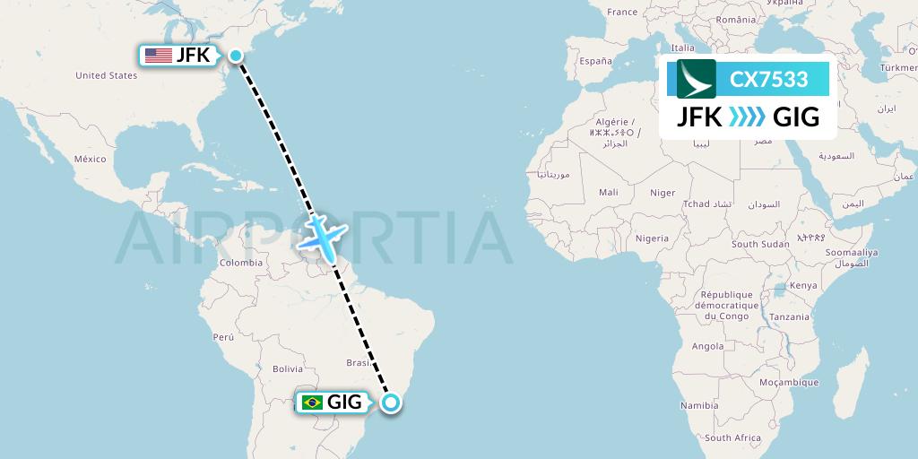 CX7533 Cathay Pacific Flight Map: New York to Rio de Janeiro