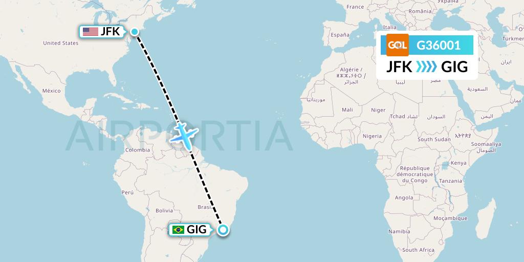 G36001 GOL Transportes Aeros Flight Map: New York to Rio de Janeiro