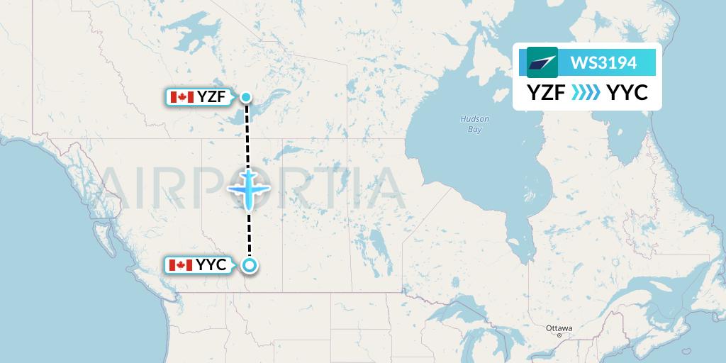 WS3194 WestJet Flight Map: Yellowknife to Calgary