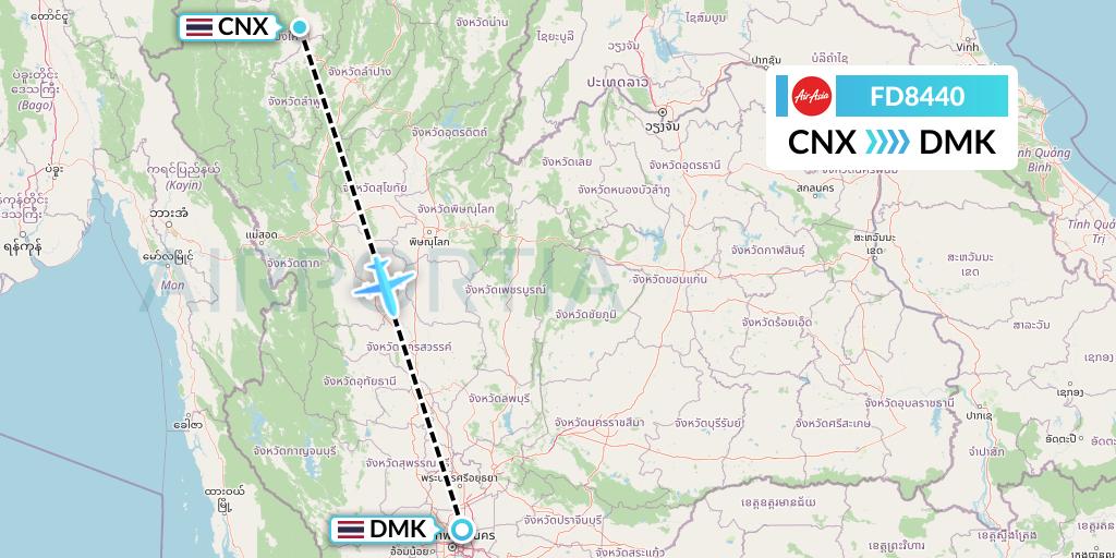 FD8440 Thai AirAsia Flight Map: Chiang Mai to Bangkok