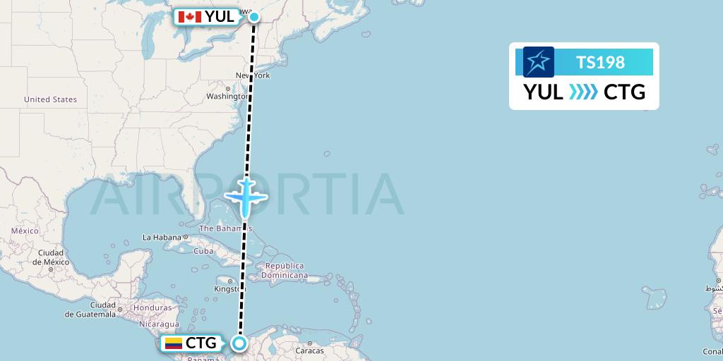TS198 Air Transat Flight Map: Montreal to Cartagena