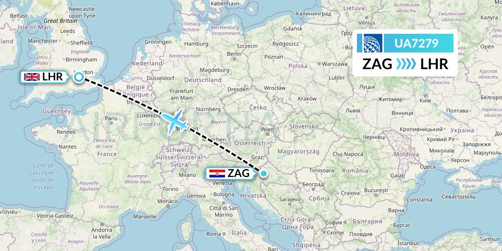 UA7279 United Airlines Flight Map: Zagreb to London
