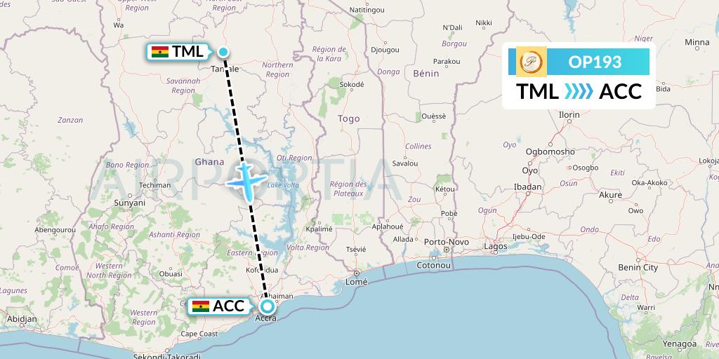 OP193 PassionAir Flight Map: Tamale to Accra
