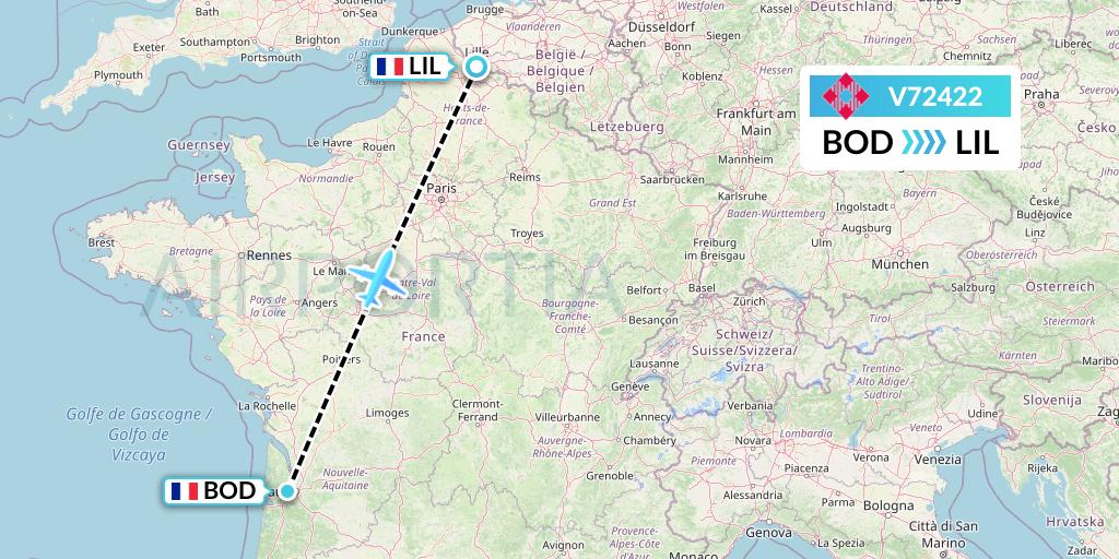 V72422 Volotea Flight Map: Bordeaux to Lille