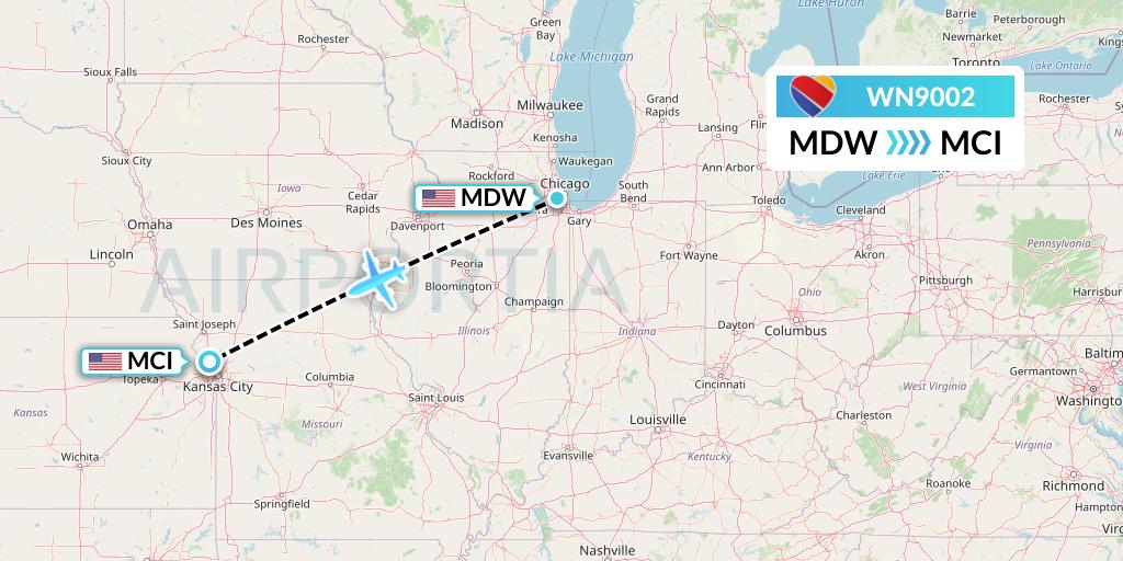 WN9002 Southwest Airlines Flight Map: Chicago to Kansas City