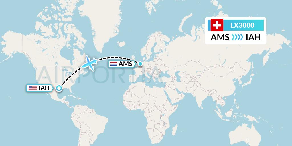 LX3000 Swiss Flight Map: Amsterdam to Houston