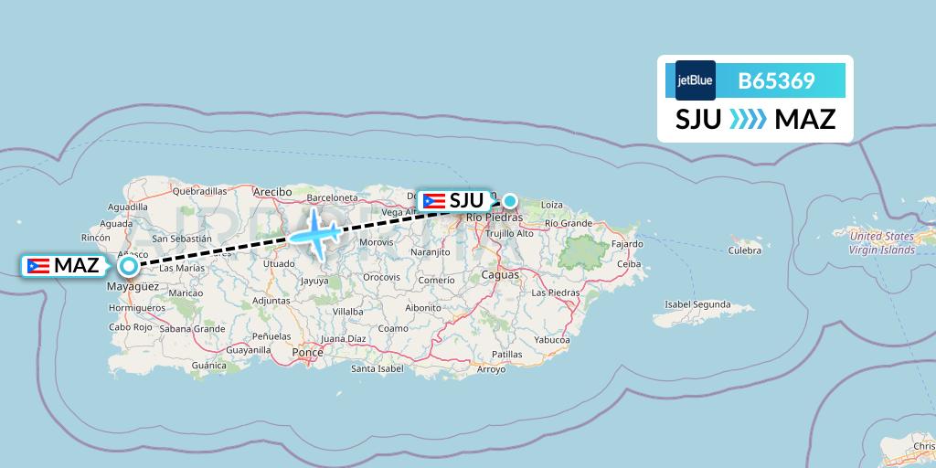 B65369 JetBlue Airways Flight Map: San Juan to Mayaguez