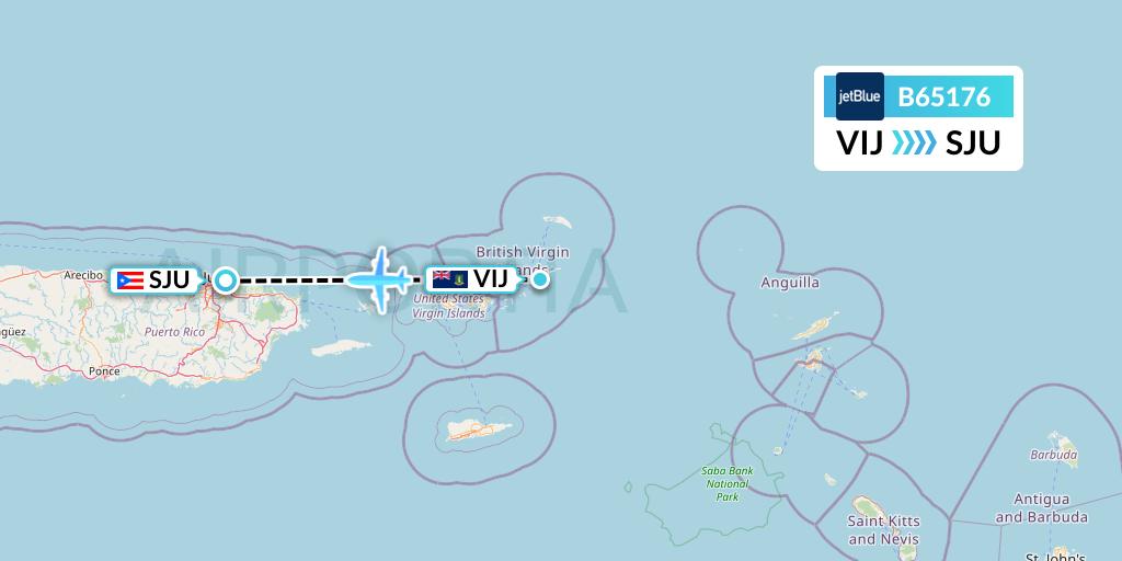B65176 JetBlue Airways Flight Map: Virgin Gorda to San Juan