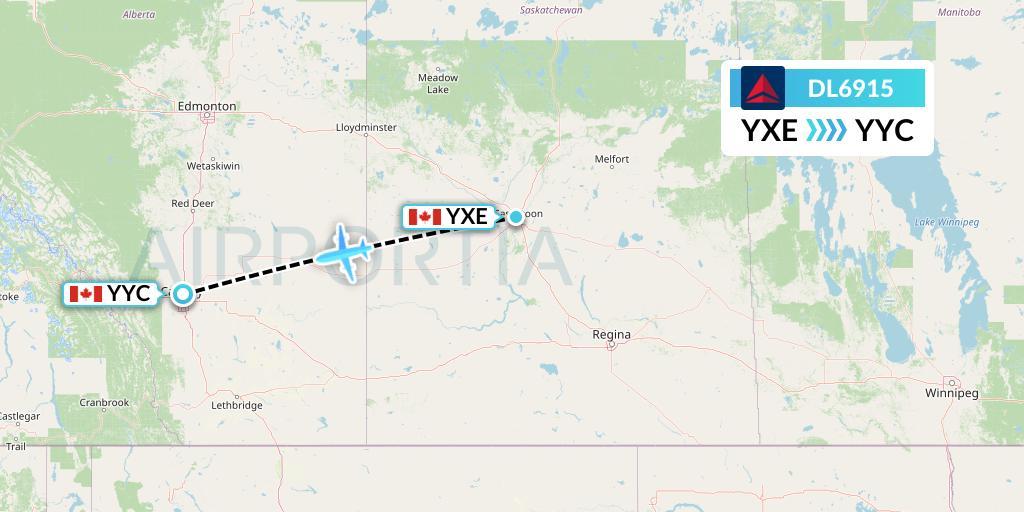 DL6915 Delta Air Lines Flight Map: Saskatoon to Calgary