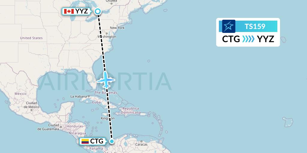 TS159 Air Transat Flight Map: Cartagena to Toronto