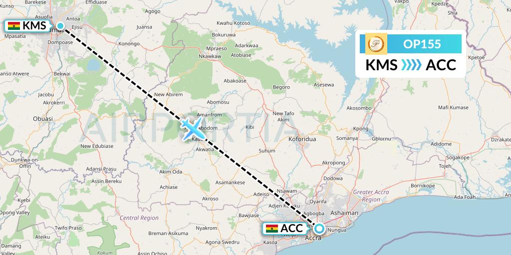 OP155 PassionAir Flight Map: Kumasi to Accra