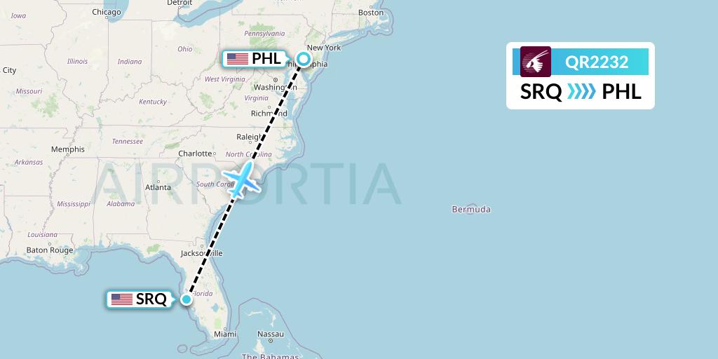 QR2232 Qatar Airways Flight Map: Sarasota to Philadelphia