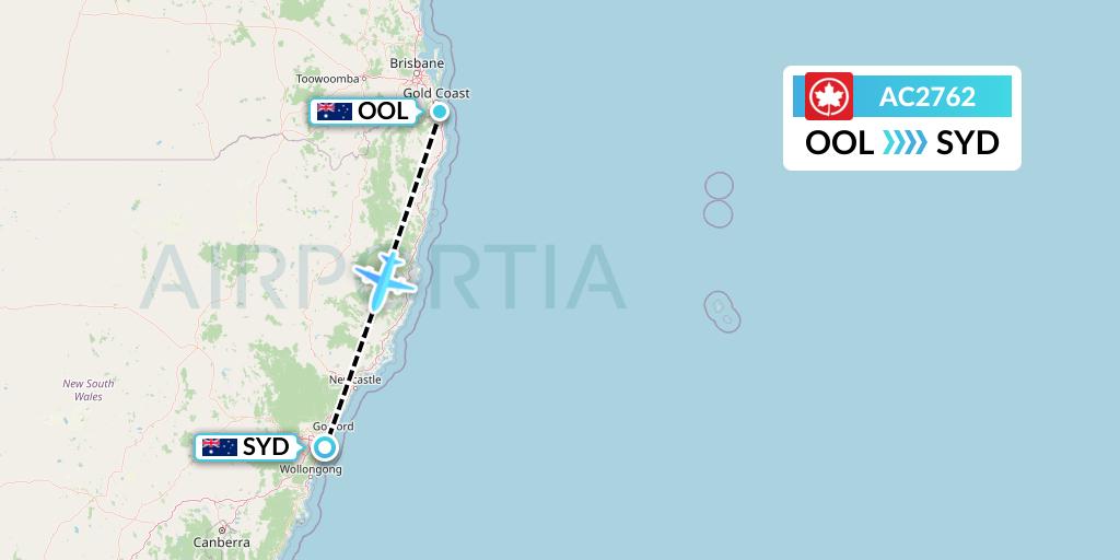 AC2762 Air Canada Flight Map: Gold Coast to Sydney