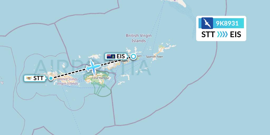 9K8931 Cape Air Flight Map: St. Thomas to Beef Island