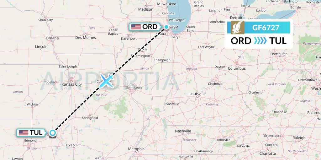GF6727 Gulf Air Flight Map: Chicago to Tulsa