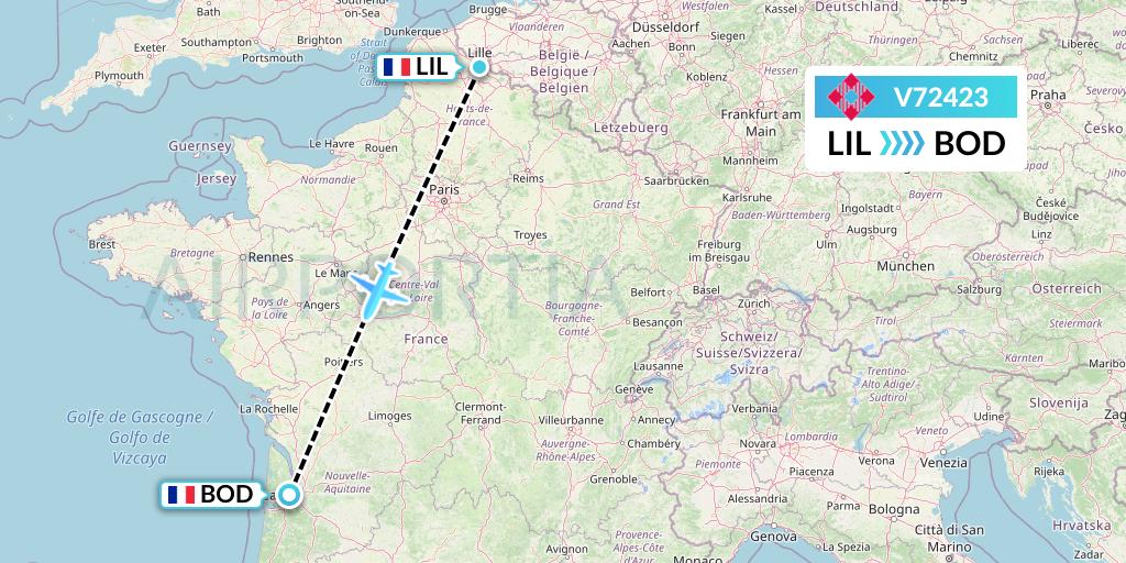 V72423 Volotea Flight Map: Lille to Bordeaux