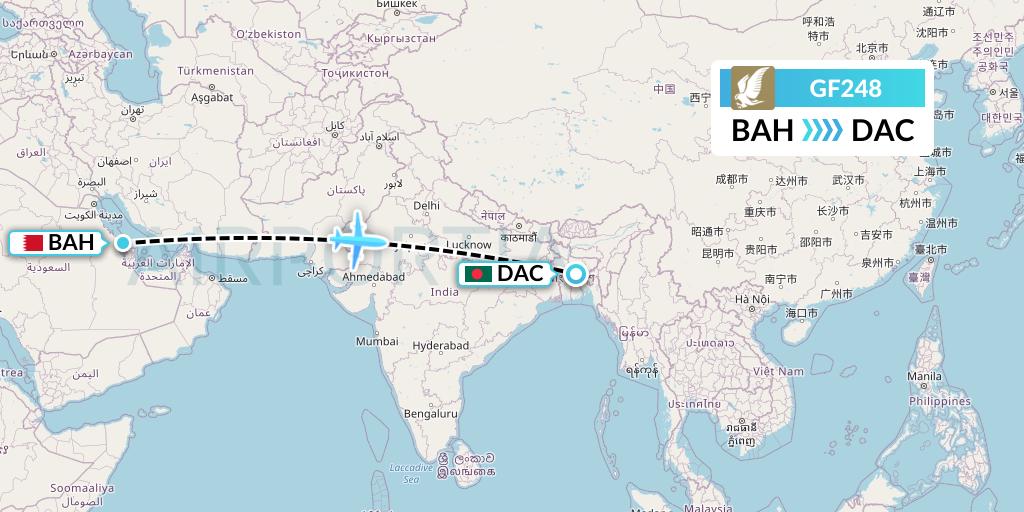GF248 Gulf Air Flight Map: Bahrain to Dhaka
