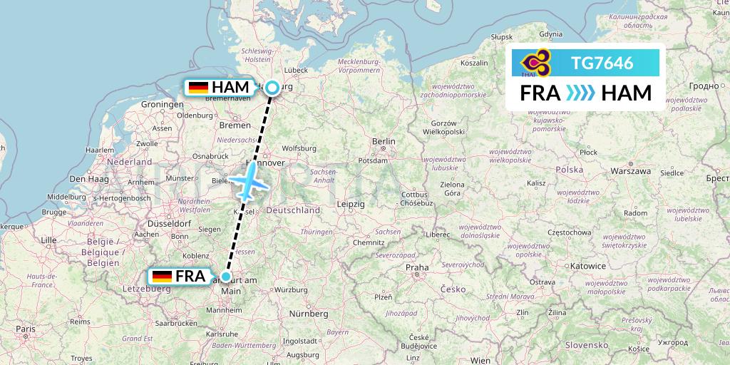 TG7646 Thai Airways Flight Map: Frankfurt to Hamburg