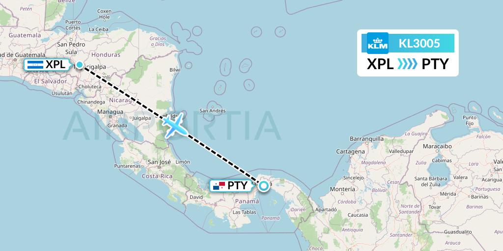 KL3005 KLM Flight Map: Comayagua to Panama City