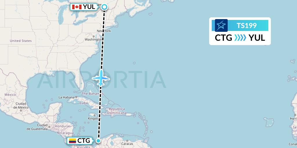 TS199 Air Transat Flight Map: Cartagena to Montreal