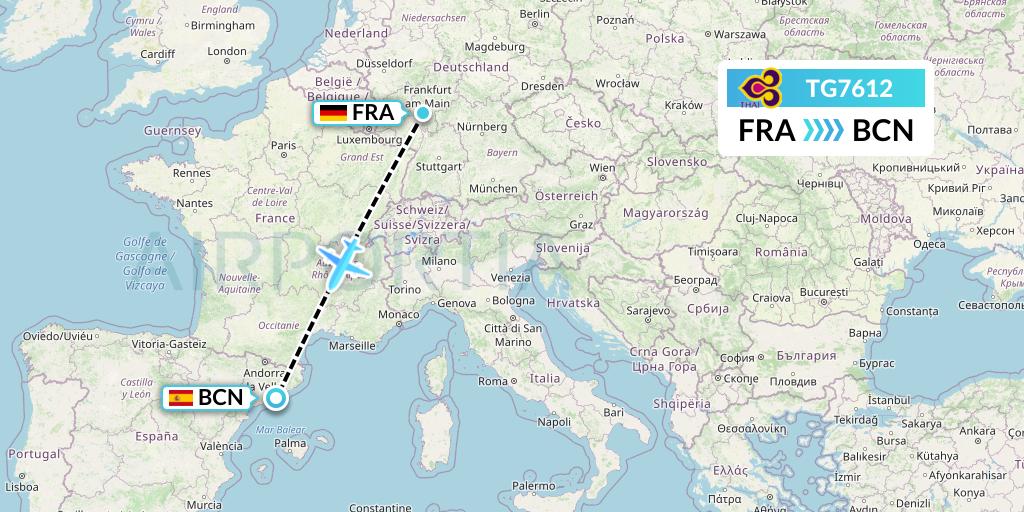 TG7612 Thai Airways Flight Map: Frankfurt to Barcelona