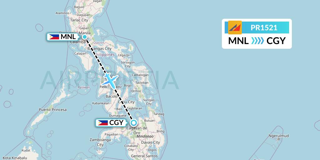 PR1521 Philippine Airlines Flight Map: Manila to Cagayan de Oro