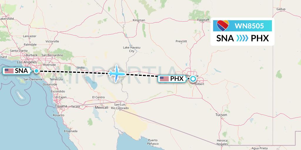 WN8505 Southwest Airlines Flight Map: Orange County to Phoenix