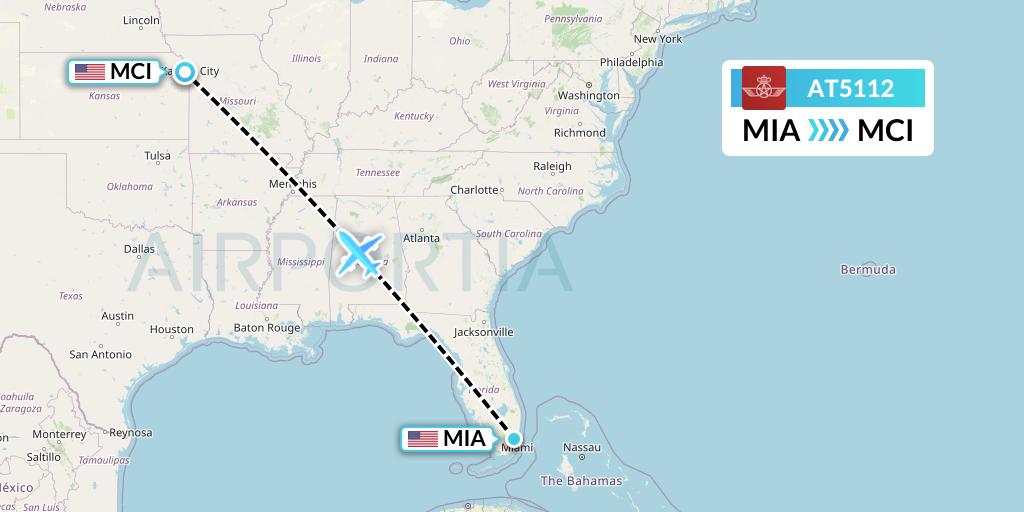 AT5112 Royal Air Maroc Flight Map: Miami to Kansas City