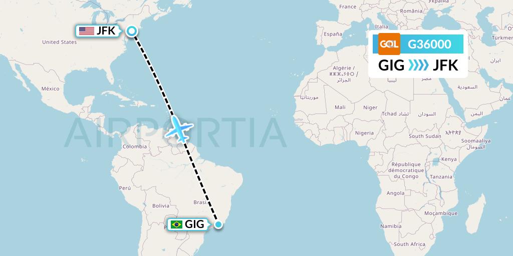 G36000 GOL Transportes Aeros Flight Map: Rio de Janeiro to New York