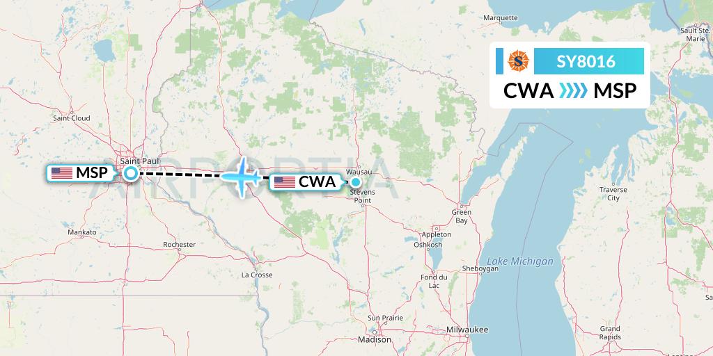 SY8016 Sun Country Airlines Flight Map: Wausau to Minneapolis