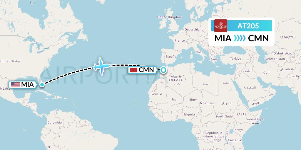 AT205 Royal Air Maroc Flight Map: Miami to Casablanca