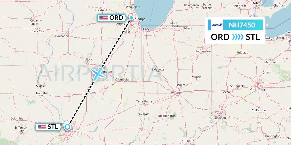 NH7450 All Nippon Airways Flight Map: Chicago to St. Louis