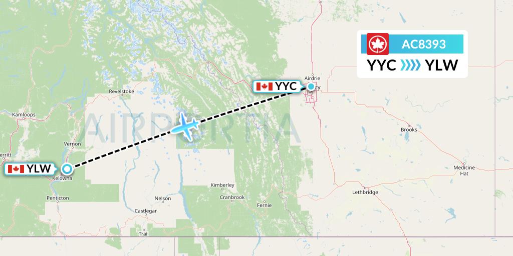AC8393 Air Canada Flight Map: Calgary to Kelowna