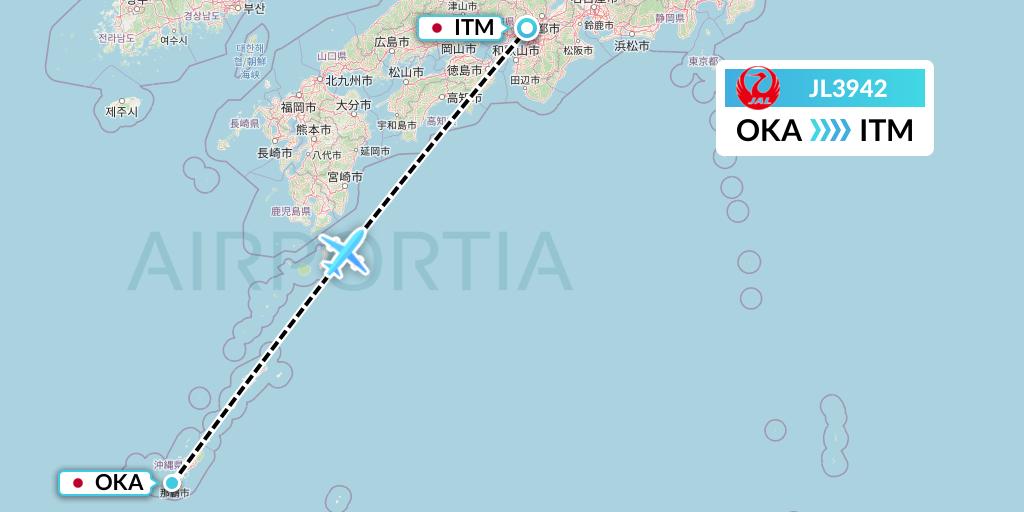 JL3942 Japan Airlines Flight Map: Naha to Osaka