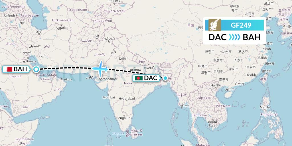 GF249 Gulf Air Flight Map: Dhaka to Bahrain