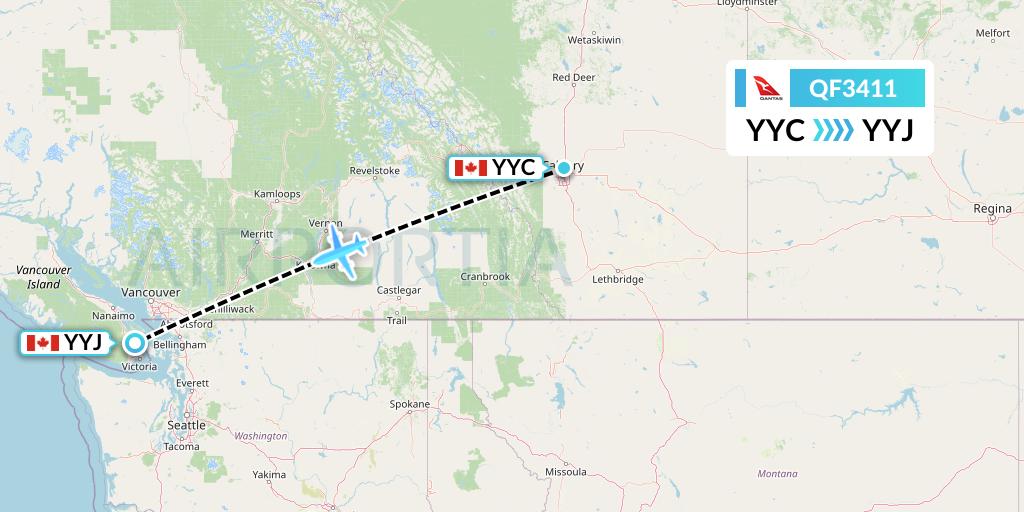 QF3411 Qantas Flight Map: Calgary to Victoria