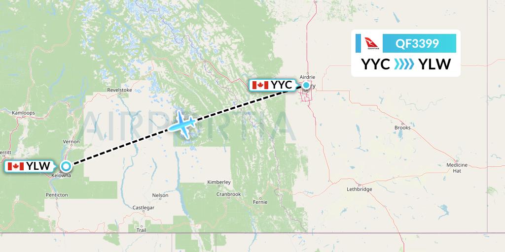 QF3399 Qantas Flight Map: Calgary to Kelowna