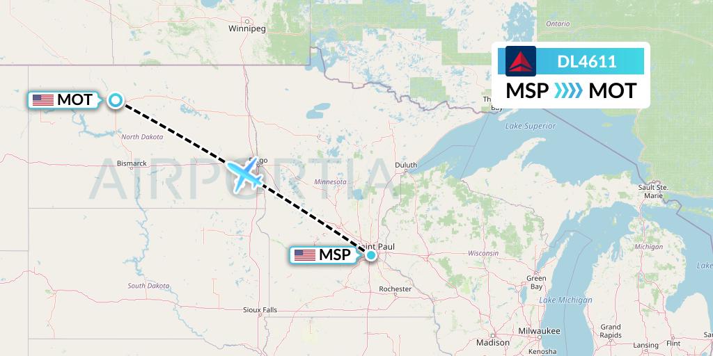 DL4611 Delta Air Lines Flight Map: Minneapolis to Minot