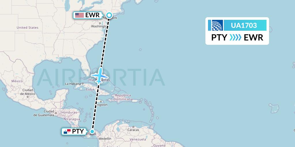 UA1703 United Airlines Flight Map: Panama City to New York