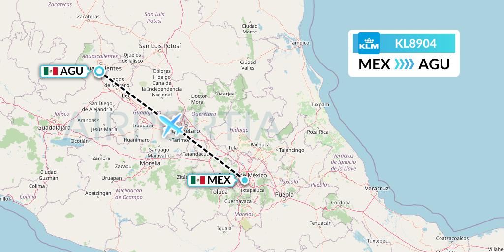 KL8904 KLM Flight Map: Mexico City to Aguascalientes