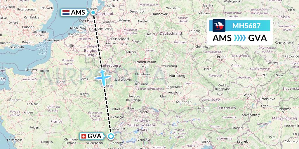 MH5687 Malaysia Airlines Flight Map: Amsterdam to Geneva